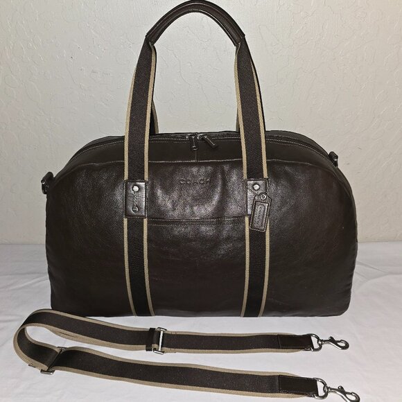 COACH F70561 Heritage Logo Large 22" Dark Brown Web & Leather Boston Duffel Bag - Picture 1 of 12